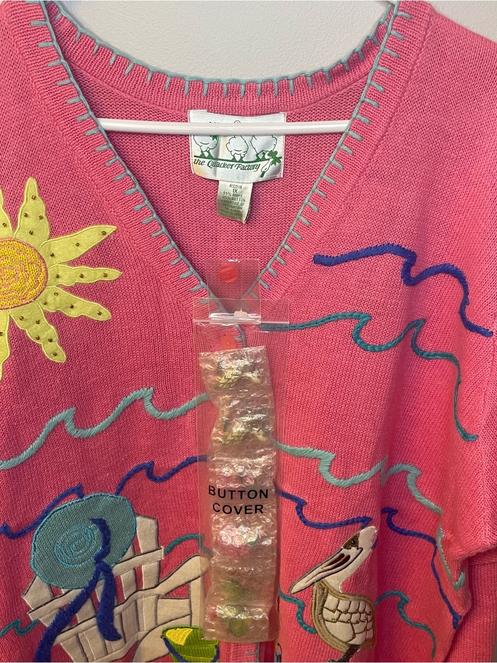 The Quacker Factory Novelty Embroidered Beach Pink Button Up Sweater NWT - Picture 2 of 9